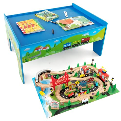 COSTWAY 2 en 1 80PCS Table Circuit de Train en Bois avec Plateau Réversible, Table Enfants avec Apparence Colorée, Coins Arrondis, Table de Jeux Train pour Enfants de 3 Ans+, 82,5x60x40cm