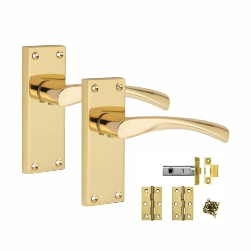 Golden Grace Victorian Scroll Astrid Door Handles Latch in Polished Brass with 1 Pair of 3 Standard Butt Hinges & Latches Pack, 1 Set - 120mm x 40mm Backplate