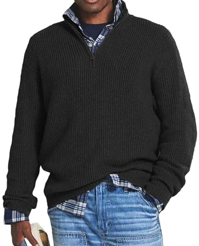 NAKEAH Suéter de cachemira para hombre con cremallera informal para negocios, suéter de hombre con cremallera suelta y cuello alto, suéter con cremallera 1/4 (3XL, negro)
