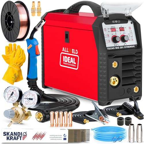 Ideal Tecno MIG 201 MMA Synergic - Saldatrice a Filo Continuo con Gas da 200A - Sinergia - MMA, FLUX, TIG DC, Saldatura a Punti - Modalità 2T/4T, Euroconnettore - Tecnologia IGBT - Set Basic