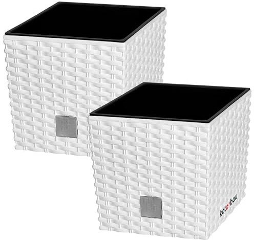 KOTARBAU® Set di 2 vasi da fiori, 9,8 l, altezza: 23 cm, colore bianco, in plastica, con vaso interno, set di vasi per piante in rattan per interni ed esterni