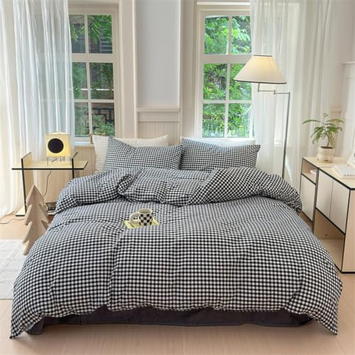 Ruccit Parure de lit avec motif à carreaux, Kingsize, 100 % coton lavé, à carreaux, 3 pièces, avec fermeture éclair, coins élastiqués, doux, respirant