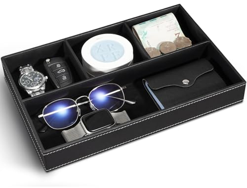 Yocisun Ablage Tablett, Leder Valet Tablett Büro Schreibtisch Organizer Nachttisch Organizer, Taschenleerer Organizer Herren Accessoires für Münzen, Schreibwaren, Schmuck,Schlüssel,Uhr (Schwarz)