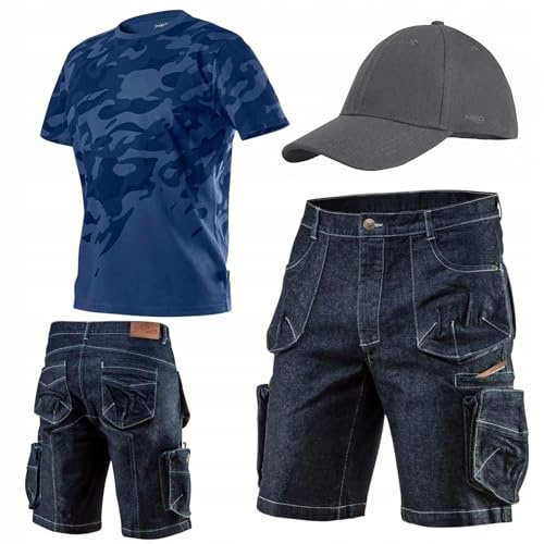 NEO TOOLS Herren Set, Kurze Denim Arbeitshose mit T-shirt, Baseballkappe | Gr. S-3XL, Jeans-Optik Arbeitshosen, Für Männer Kurz, Modisches Design, Arbeitshose und Arbeitsshirt Sommer