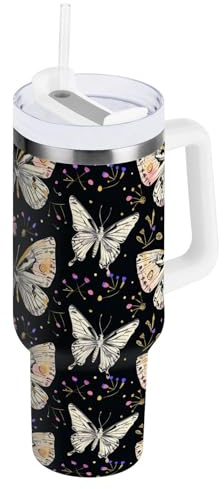 Aesthetic - Vaso de acero inoxidable de mariposa blanca con asa y popote, botella de agua reutilizable, taza de viaje aislada, 40 onzas