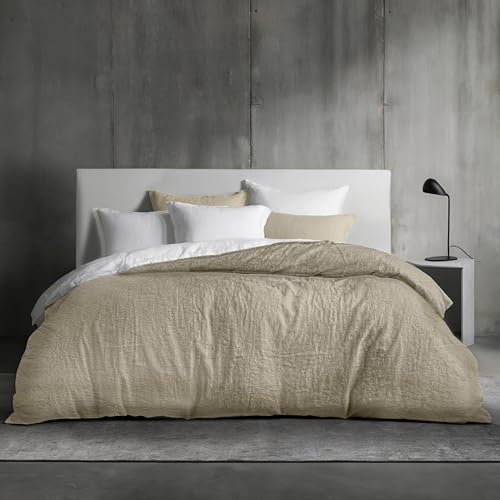 Dreamzie Funda Nordica Cama 160 - Juego 3 Piezas (1 Funda 220x240 cm + 2 Almohada 80x80 cm) - Algodón Efecto Lino Lavado - Cremallera Oculta - Oeko-Tex - Color Beige