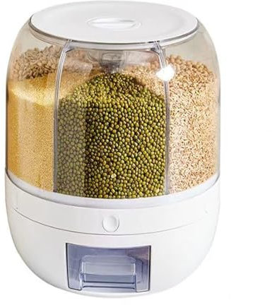 WXPXYBF Grain Dispenser, 360°Rotating 6 Grid Dry Food Dispenser,One-Click Output Round Multigrain Tank Cup Grain Storage Tank Home Kitchen for Lentils, Small Beans, Barley, Millets