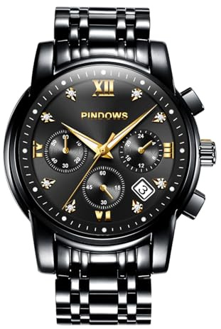PINDOWS Watches for Men, Luxury Quartz Analog Watch with Date Big Face Waterproof Fashion Business Wristwatch Dress Two Tone Stainless Steel Classic Man Watch Luminous Calendar