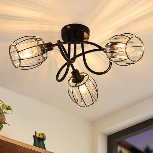 ZMH Deckenstrahler 3 Flammig Vintage E14 Schwarz Wohnzimmerlampe Flur | Kristall Retro Deckenlampe Deckenstrahler Umgeben Design Industrial Strahler Innen Rund Metall Schlafzimmer Küche