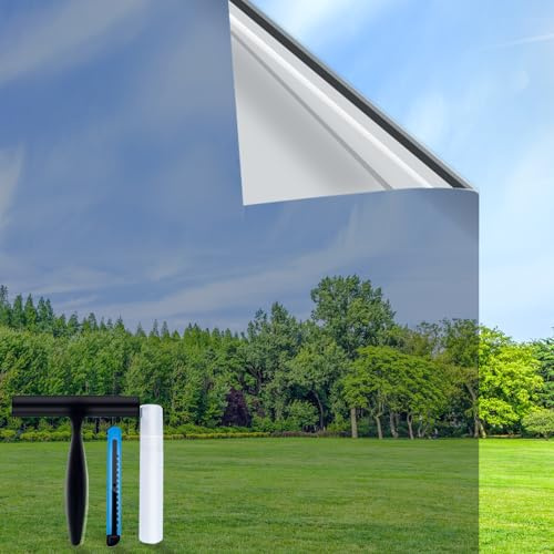 Volcanics Spiegelfolie Fenster Sichtschutz 60x200cm, Einseitig Fensterfolie Blickdicht von außen, Silber, Sonnenschutzfolie Fenster Innen, Statische Haftung