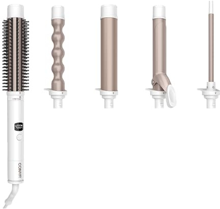 Conair Double Ceramic Multi-Attachment Hair Styler, 5-in-1 Hair Curling Wand Set to Create Curls, Waves, and Blowouts, Ceramic Technology Eliminates Damaging Hot Spots, White/Rose Gold