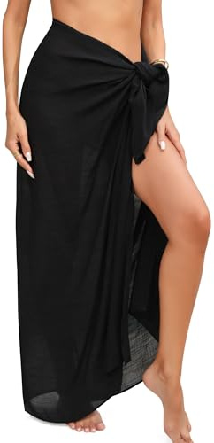 Eicolorte Beach Sarong Pareo Womens Semi-Sheer Swimwear Cover Ups Short Skirt with Tassels (A-Black)