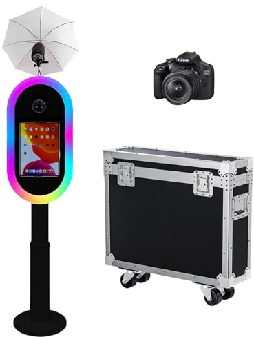 Photomaton compatible avec iPad 10,2 à 13 et appareil photo, avec lampe de poche et hauteur réglable, appareil photo reflex numérique pour location, mariages, événements (noir, photomaton + appareil