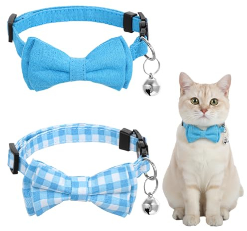 2 Stück Katzenhalsbänder für Kater, Katzenhalsband mit Glöckchen, Kätzchenhalsband, abnehmbar, verstellbare Fliege für Kätzchen, kleine Welpen, Haustiere, Sicherheitshalsbänder (blau)