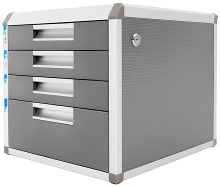 TONFEION Schubladenbox 4 Fächer Schreibtisch, Aluminium Schubladenschrank mit Etiketten & Schloss, File USB Organizer, Kunststoff Drawer Box, Dokumenten Aufbewahrungsbox A4 Ablagebox, 31.5x35x29.8cm