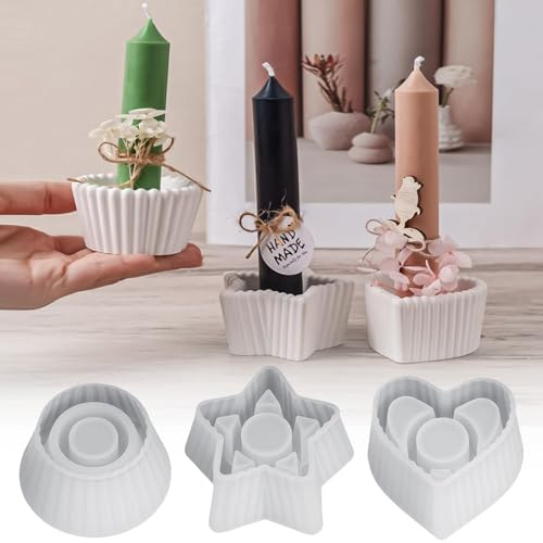 3 Stück Silikonform Kerzenhalter,Silikon Gießform Kerzenhalter,Pentagramm, Runder,Herzform Stabkerzenhalter Kerzenformen für Beton, Gips Silikonformen, DIY Frühlingsdeko & Osterdeko