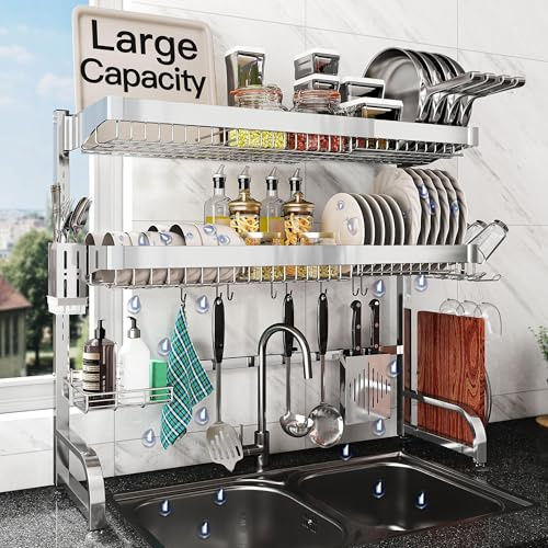 romision Adjustable Over Sink Dish Drainer Rack, Stainless Steel, Silver | Direct-to-Sink Drainage, Plate, Bowl, Cup And Cutlery Organisers, Space-Saving Layout
