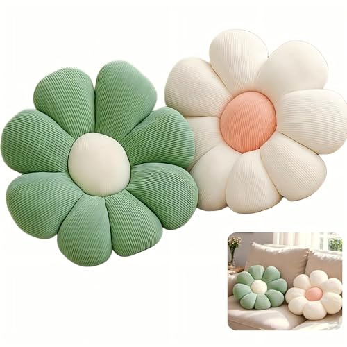 LPVVPEZ 2 Pack Daisy Flower Pillow 38x38cm, Green and White Plush Floor Cushion, Soft Throw Pillow for Window Seat Car Home Sofa Chair, Cute Floral Seat Pad for Room Decor