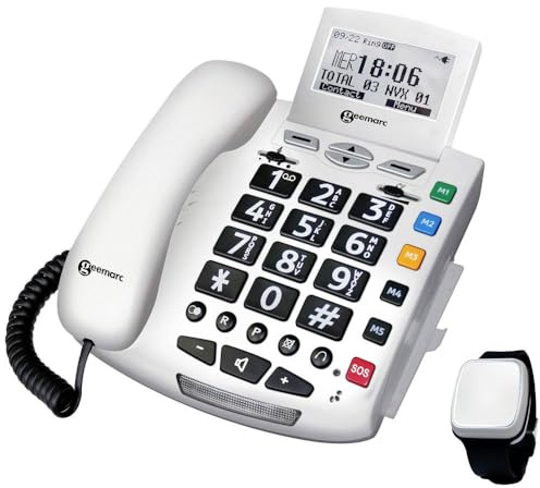 Geemarc Pack Serenities - Téléphone de Téléassistance et Son Bracelet Détection de Chute avec Gros Boutons et Forte Amplification pour Séniors - Perte Auditive Faible ou Moyenne - Version FR