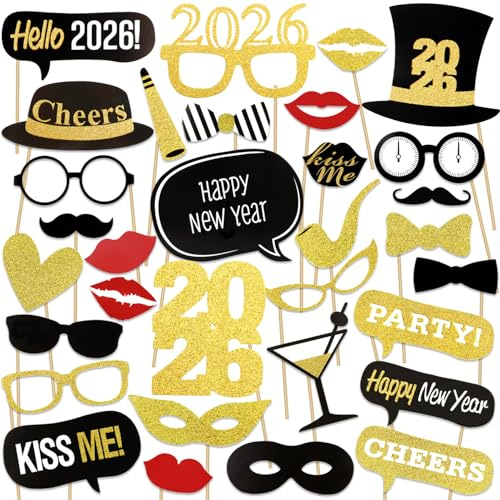HOWAF 2024 Silvester Foto Requisiten Schwarz Gold Neujahr Photo Booth Props Hut Brille Fotobox Accessoires für Erwachsene Kinder Silvester Party Zubehör Silvester Deko 2024 Dekoration, 26pcs