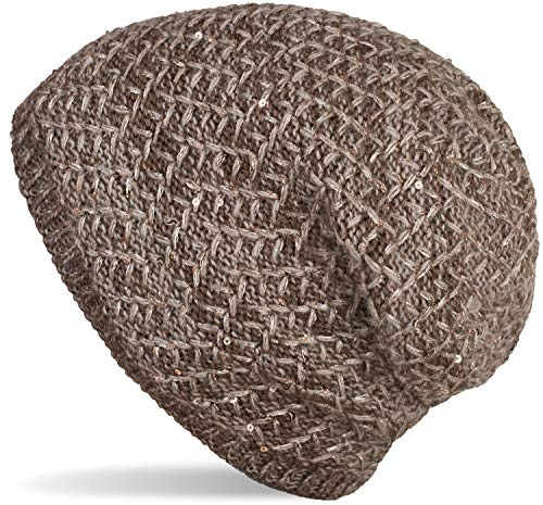 styleBREAKER Damen Strick Beanie Mütze mit Pailletten und Thermo-Fleece Futter, Winter Slouch Beanie 04024168, Farbe:Braun