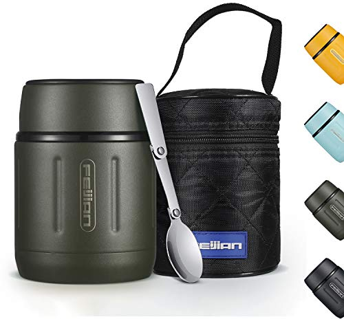 Healter 500ml Thermobehälter für Essen Warmhaltebehälter Essen mit Klapplöffel und Tragetasche Thermo Lunchbox Wärmebehälter für Speisen Auslaufsicher Suppenbehälter für Kinder(Grün)