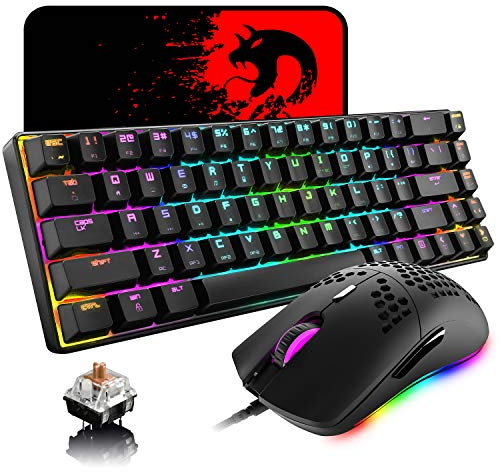 USB-Trådbunden 60% Mekaniskt Tangentbord Mini 68-Keys RGB-Bakgrundsbelyst Gamingtangentbordsmusset + 6400 DPI Ultralätt Honeycomb Shell PC-Spelmöss + Musmatta för PC/MAC - Tactile Brown Switch/Black