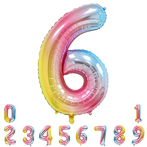 Unisun Rainbow Number 6 Balloon, 40 Inch Large Giant Foil Helium Balloon | for 6th Birthday Decorations Girl, Women Kids Party, Anniversary, Graduation, Wedding, Engagement