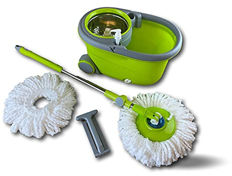 Kibros Seau essoreur 10 L Rotatif Easy mop avec Balai Recharge Microfibre | Seau 10 L, disque rotatif, lave et sèche les sols, balai + 1 recharge microfibre inclus, nettoyage toutes surfaces.
