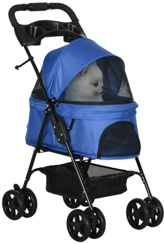 PawHut Poussette pliable pour chiens et chats jusqu'à 4 kg, Bleu | Poussette pour chien et chat, fenêtres en maille, panier de rangement, porte-gobelet