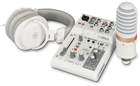 Yamaha AG03MK2 All-in-One Live Streaming Pack, Includes 3-Channel Mixer, Condenser Mic and Headphones, for Windows, Mac, iOS and Android, in White