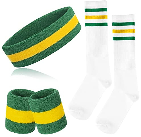 ONUPGO Juego de 5 bandas para el sudor y calcetines a rayas, bandas para el sudor, calcetines altos a rayas para hombres, mujeres, deportes y fiestas de los 80 (verde/amarillo/verde)
