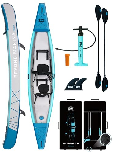 BEYOND MARINA aufblasbares Kajak für 1, 2, 3 Personen, Drop-Stitch Tandem Kayak Set für Erwachsene mit Paddeln, Sitzen, Pumpe, Finne & Tragetasche, robust & vielseitig, 380cm,420cm,460cm