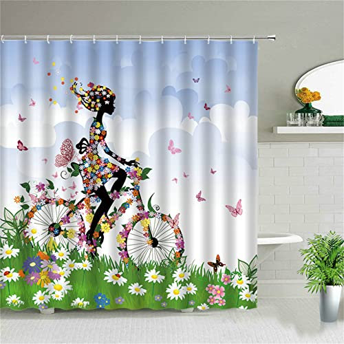 Duschvorhang für Eckdusche und Kleine Badewanne, Bad vorhang Textil aus Polyester Schimmelresistent Wasserabweisend und Waschbar, Schmetterlingsmädchen240x180cmmit Duschvorhangringen Shower Curtains