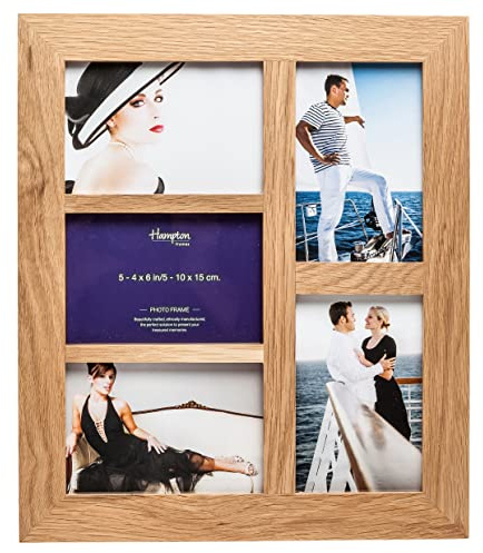 Hampton Frames, Multi Aperture Photo Frame, 5 Aperture 4x6 (10x15cm), Natural Oak, Polished Wood, Wall Mount | Acrylic Front, Drop In Back, Hanging Loops | Display Multiple Photos