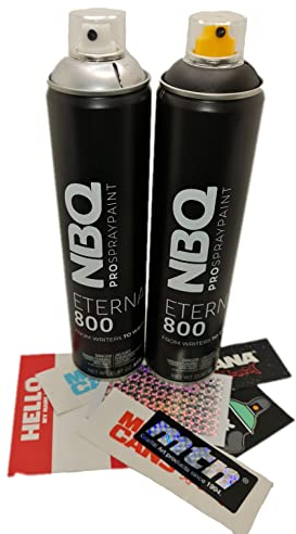 PROGAL COLORS NBQ ETERNAL - Essential Pack - (1 x Schwarz 600 ml + 1 x Silber 600 ml + Aufkleber) Spray matt Hochdrucktrocknung Graffiti Perfekte Dekoration