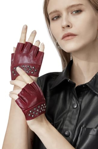 FIORETTO Womens Fingerless Leather Gloves for Driving Unlined Half Finger Punk Gloves for Motorcycle, Goth Cosplay Costume Burgundy X-Large