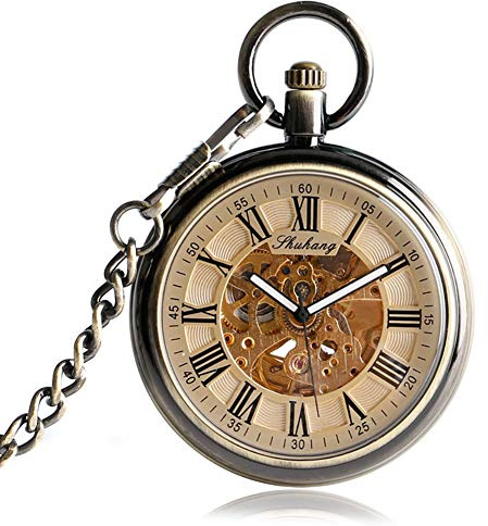 XOPIC Vintage Bronze kappenlose mechanische Taschenuhr schwarzes römisches Ziffernblatt Anhängeruhr Automatikaufzug Taschenuhr Dicke Kette