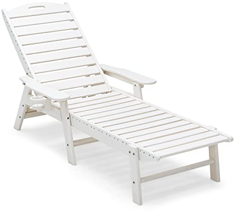 COSTWAY Sonnenliege XXL, 207 x 86 x 31,5 cm, wetterfester Liegestuhl Holzoptik, Gartenliege mit Getränkehalter, Armlehnen & Verstellbarer Rückenlehne, Relaxliege aus HDPE für Garten, Pool, Terrasse