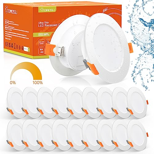 Tomosu 20er Set LED Einbaustrahler 230V Dimmbar, 5W 450LM IP44 Ultra Flach LED Spot Warmweiß 2700K-3000K, Deckenspots Flach 100mm, Einbautiefe 24mm für Wohnzimmer Badezimmer
