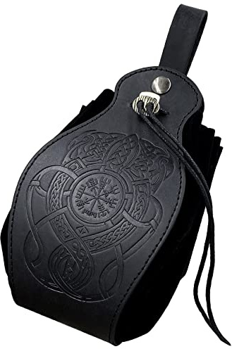 Medeltida viking bältespåse svart fuskläder bältesväska retro bärbar handväska med dragsko renässans tärningsväska för LARP Ren Faire, Svart, 3.74 x 7 inches, Drake kompass