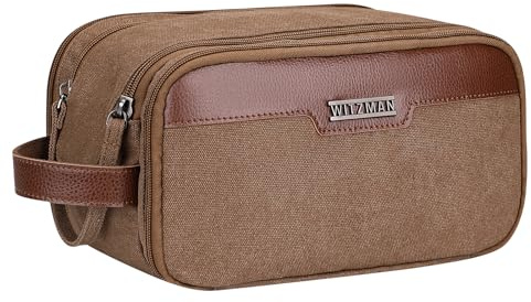 WITZMAN Canvas Kulturbeutel Herren mit Nass-Trennfach Große Kosmetiktasche | 7L, Vielen Fächern für Ordentliche Aufbewahrung, Seitlicher Aufhängegriff, Leicht, Große, Für Reisen, Bad, A8002 Braun