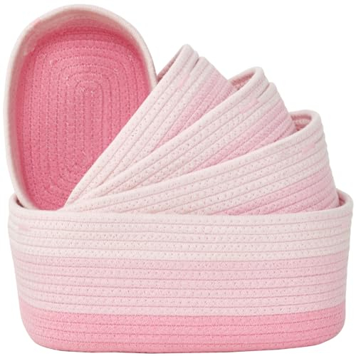 Sagittar Aufbewahrungskorb Geflochten Baumwollseil, 5er Set Stapelbare Speicher körbe aufbewahrung für Regale Frisiertisch Kinderzimmer, Rosa Farbverlauf