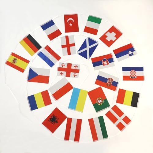 AZ FLAG Wimpelkette Fußball-Europameisterschaft 2024 8 m 20 Flaggen | Für innen und außen Euro 2016 Flaggenkette Flaggen auf verstärktem Band vernäht leichtes Polyester