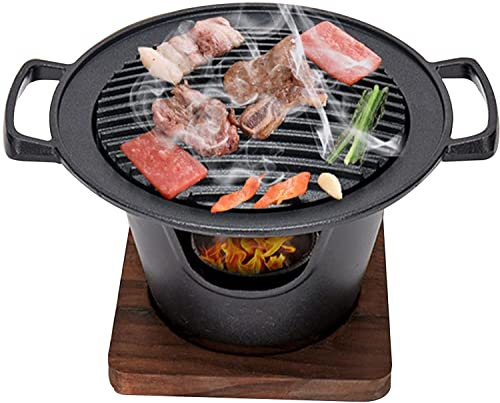 Barbecue, Barbecue a carbonella portatile per uso domestico, Barbecue a carbonella multifunzionale con base in legno termoisolante, Teglie da tavolo Antiaderente per barbecue in stile giapponese