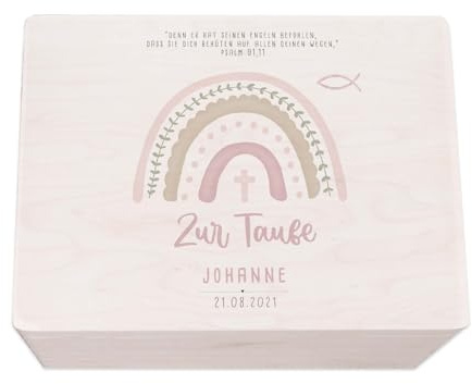 hellomini Taufgeschenke - Personalisierte Erinnerungsbox Taufe aus Holz - Taufgeschenke für Mädchen - Taufgeschenke Jungen - Taufe Geschenk (Regenbogen rosa Druck, M: 40x30x14cm)