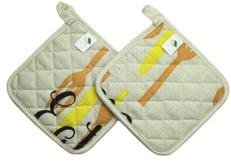 Attica Tracery 100% Cotton Pot Holders Set of 2 Heat Resistant Kitchen Hot Pads Quilted Potholders with Terry Lining Thick Insulated Cooking Pads for Oven Baking BBQ Square Heat Mats (Cutlery Print)