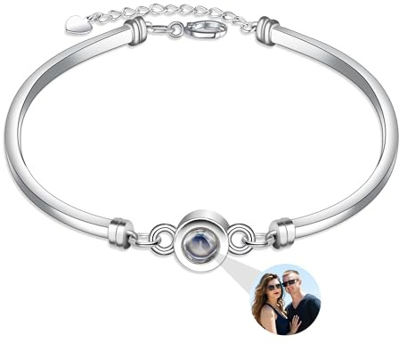 Aina Lighting Personalisierte Foto Projektion Armreif - Benutzerdefiniertes Armband Mit Bild Innerhalb Kreis - Jahrestag Weihnachten Geburtstag Geschenke für Frauen