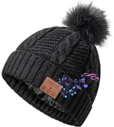 Bonnet Bluetooth Femme, Bonnet musical rechargeable doublé polaire avec haut-parleurs et micro,Petits cadeaux à glisser dans les chaussettes de Noël,Petit cadeau amusant pour les filles et les femmes
