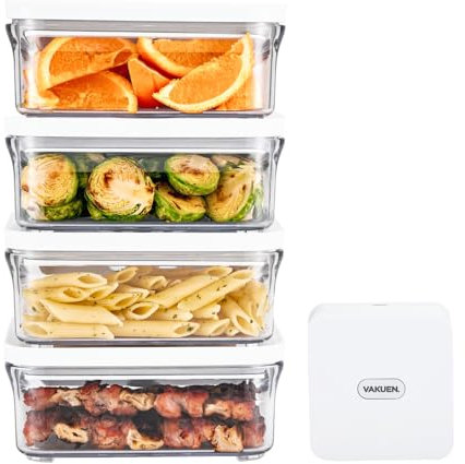VAKUEN Premium Airtight Food Storage Container. Meal Prep 0.85qt 5pc/Set. 4pcs Container and Vacuum Sealer. Patented Double Silicone Lining, 100% Leak Proof, BPA-FREE